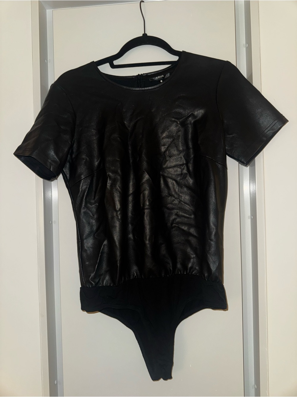 Aqua Brand Faux Leather Black Short Sleeve Bodysuit